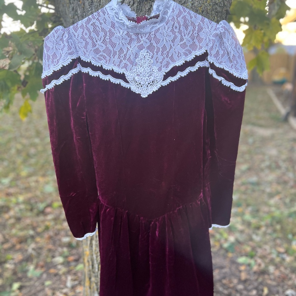 Vintage Burgundy Velvet Dress with Lace Details